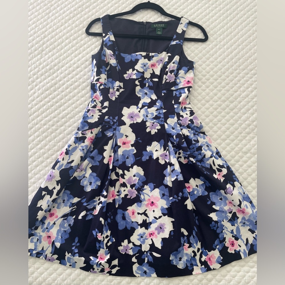 Lauren Ralph Lauren Pleate Floral Print Watercolors Pockets Fit Flare